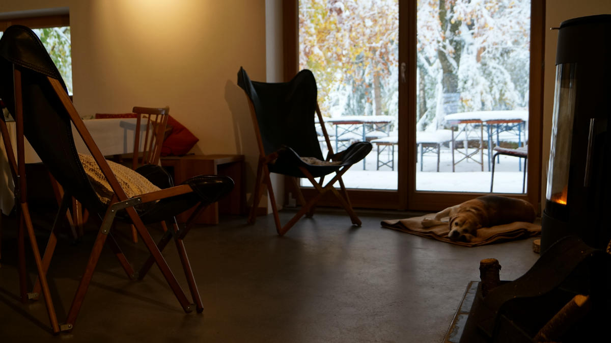 Schlafender Hund in gemütlicher Sitzecke mit Kamin im kleinen Gastraum
