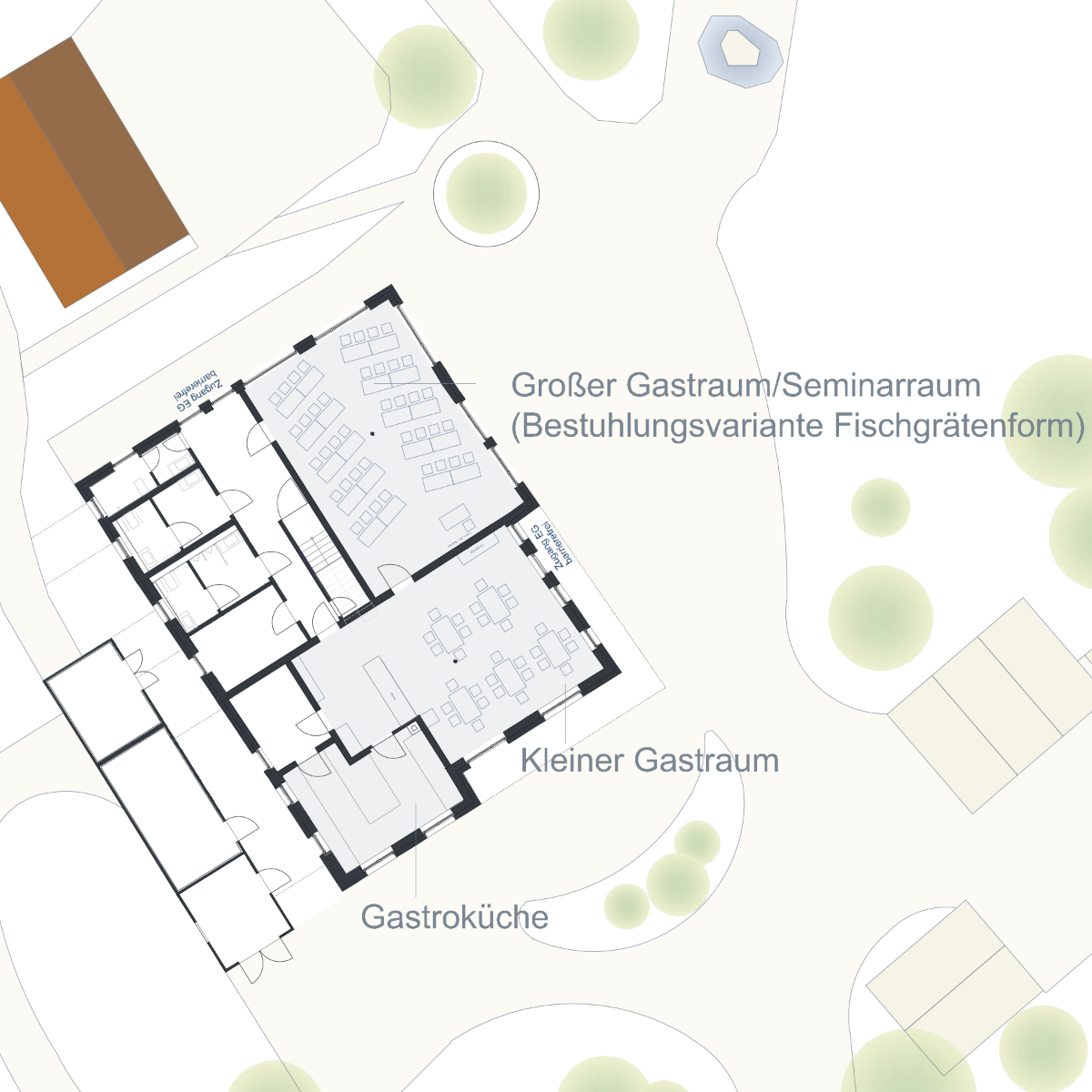Grundriss EG Berghaus Degerfeld - Bestuhlungsvariante Fischgrätenform